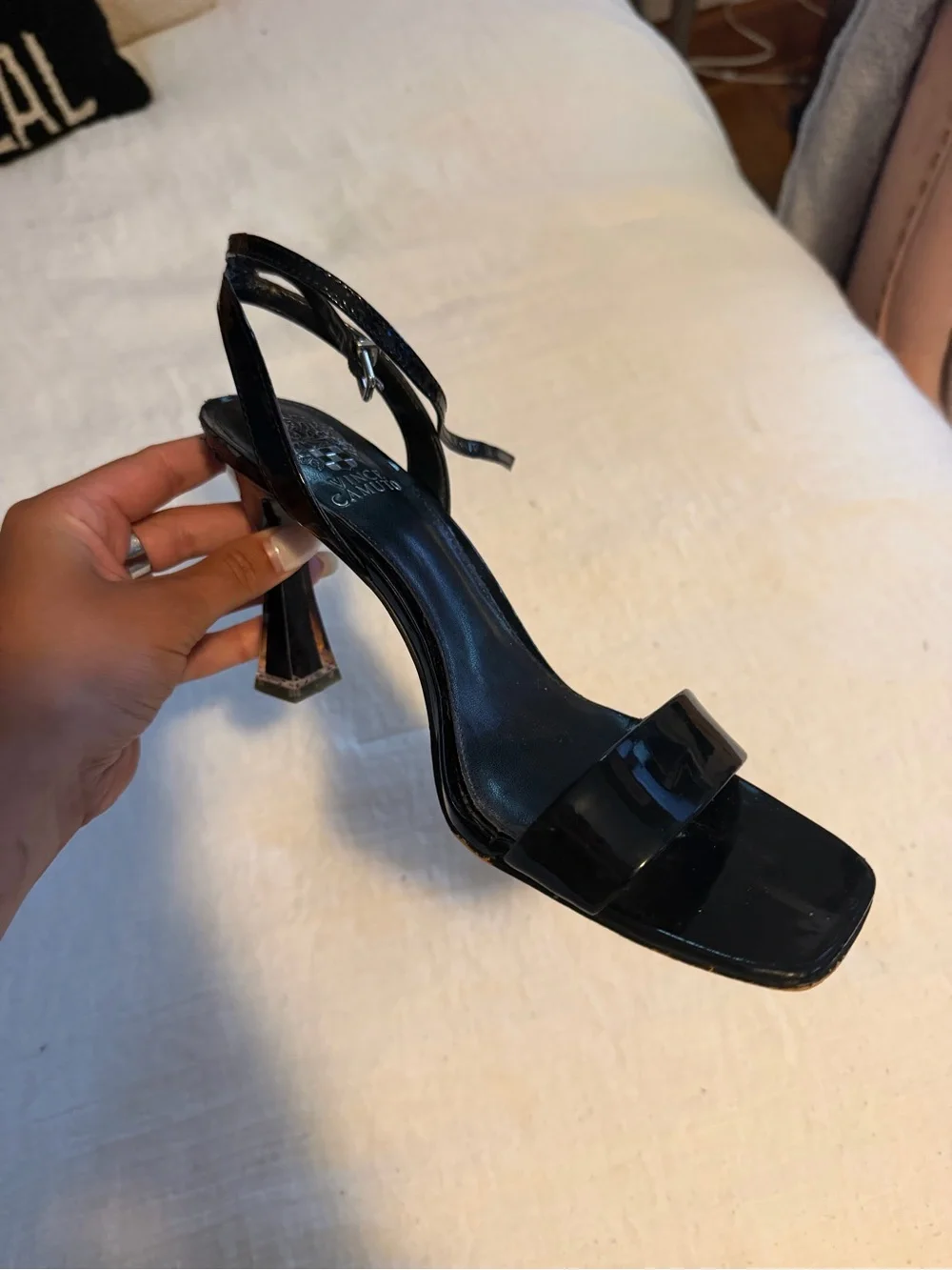 Vince Camuto Black Patent Leather Square-Toe Slingback Heel
